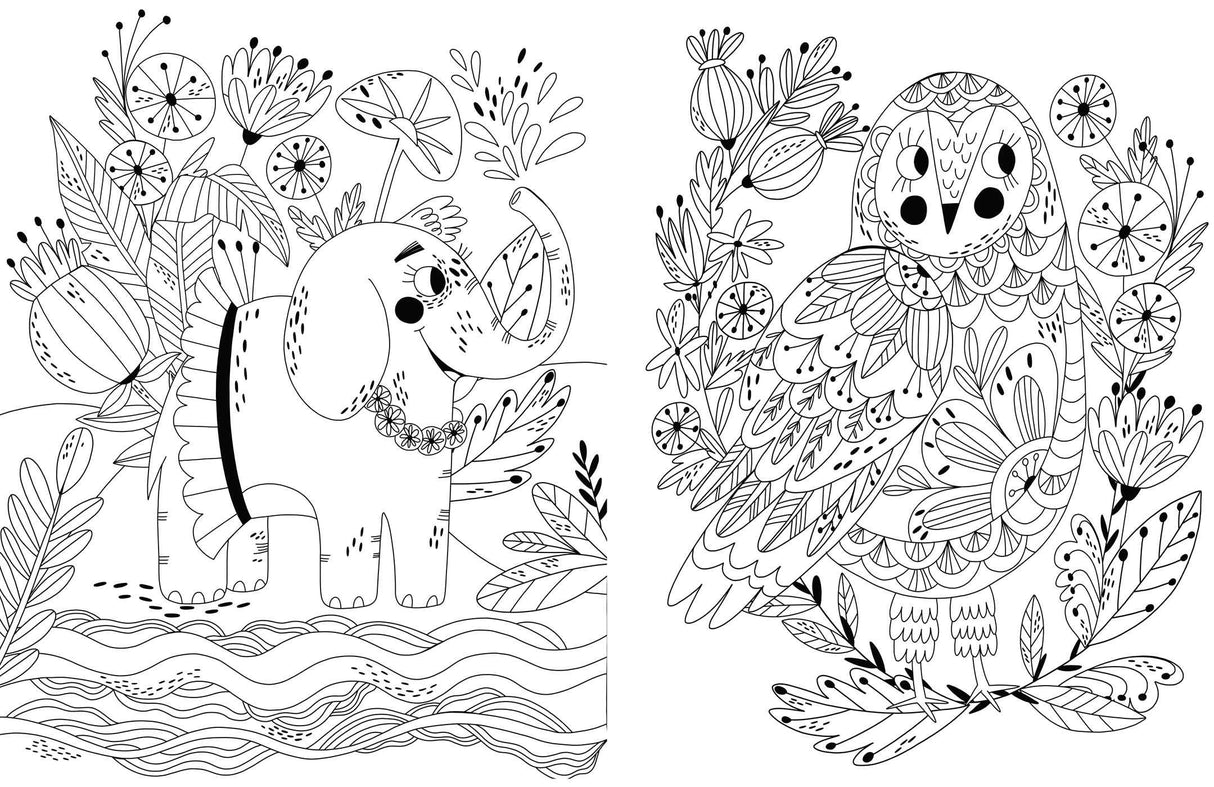 Calming Coloring For Kids featuring detailed, calming scenes of an elephant and an owl surrounded by nature for mindfulness coloring.