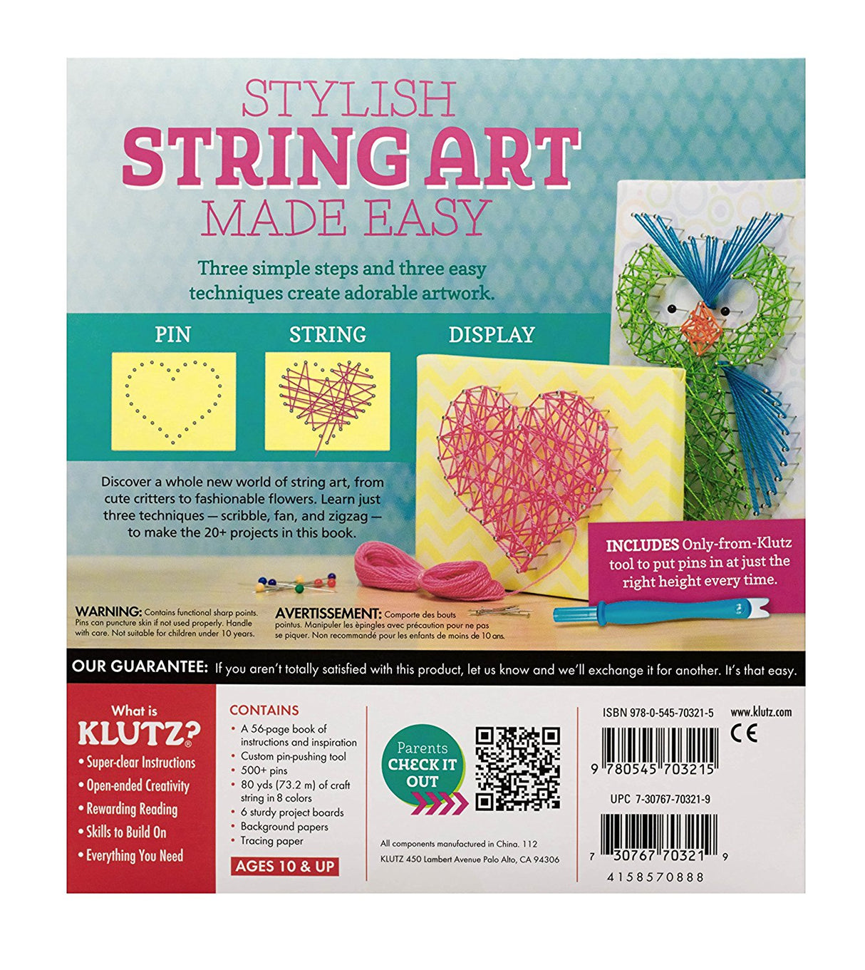 String Art product showing easy pin, string, and display steps with colorful thread and heart design on project board.