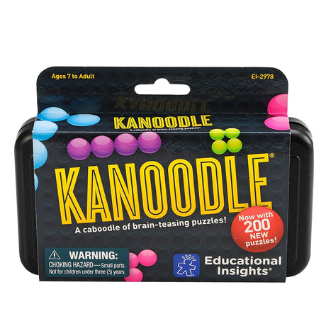 Kanoodle puzzle game packaging showing colorful beads and brain-teasing puzzles for ages 7 to adult with carrying case.