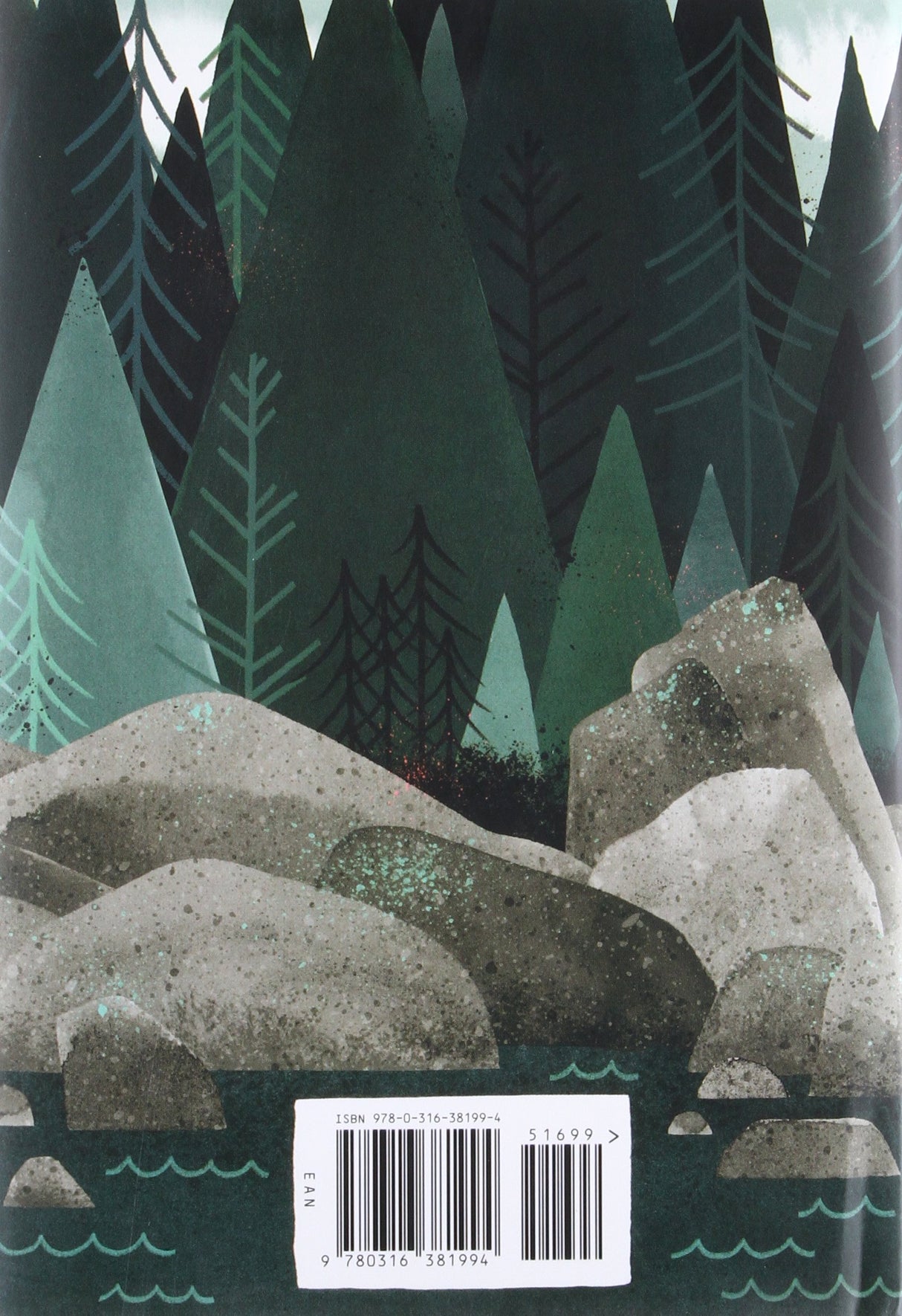 Back cover illustration of rocks and pine trees in a forest near water for the book Wild Robot.