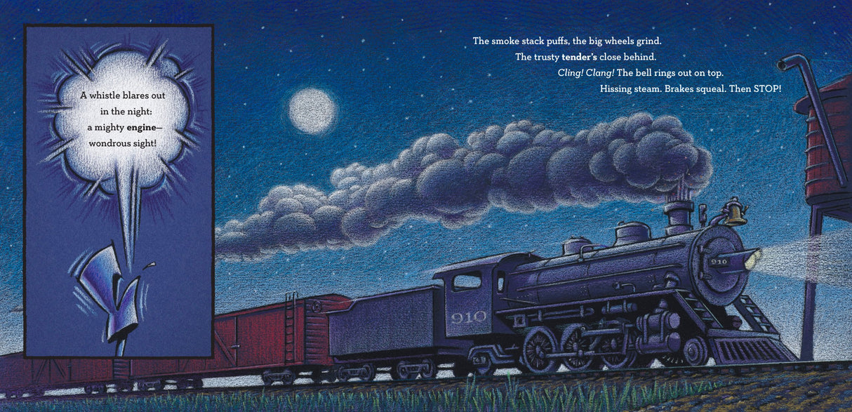 Illustration of a steam train at night under a full moon from the book Steam Train, Dream Train by Sherri Duskey Rinker.