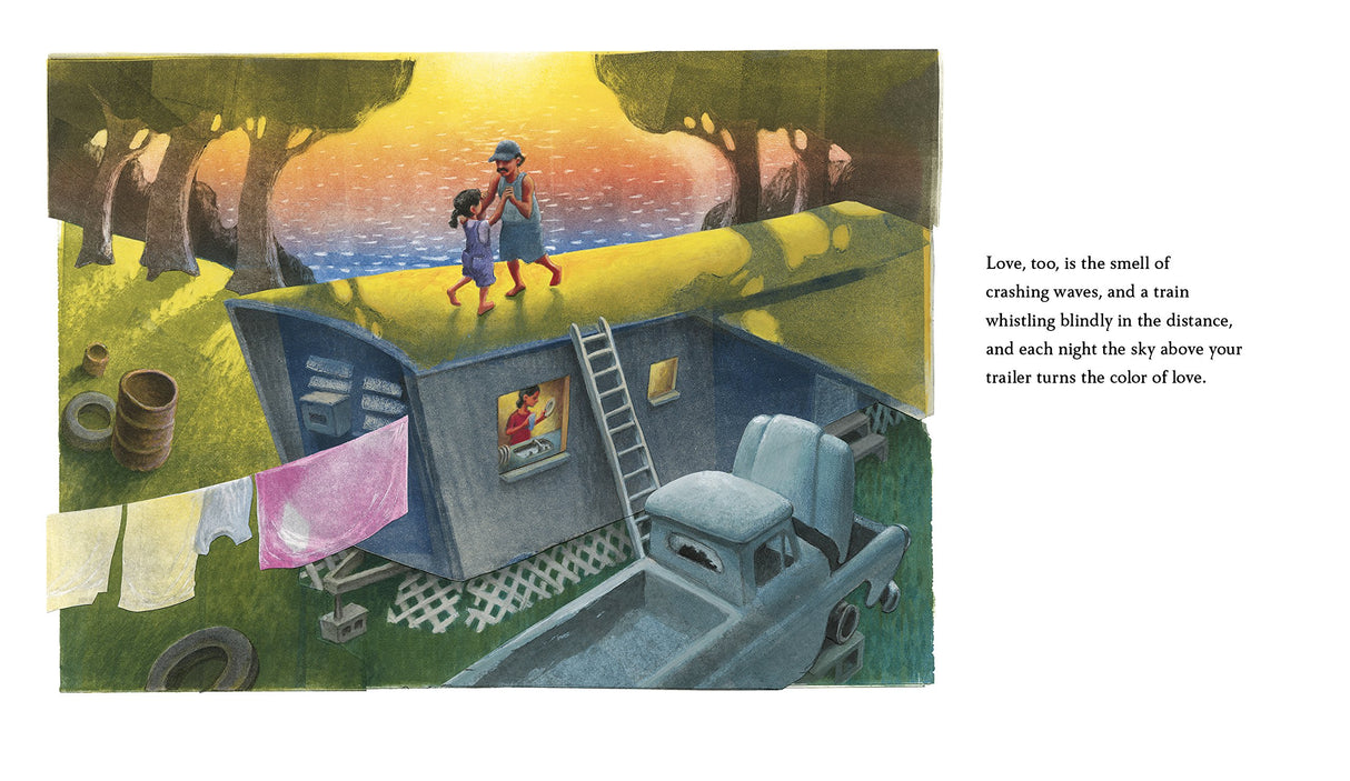 Love book illustration of two children playing on a trailer roof at sunset from the product titled Love.