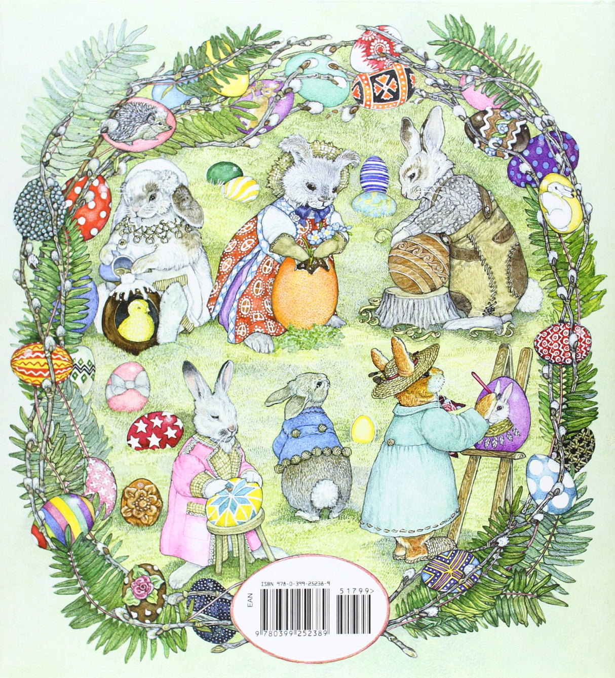 The Easter Egg shows illustrated rabbits painting and decorating colorful Easter eggs in a festive spring setting.
