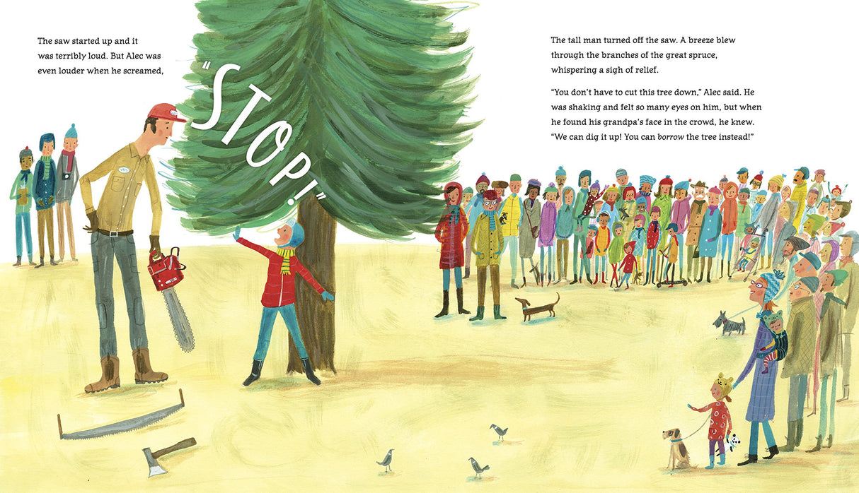 The Great Spruce shows a boy bravely stopping a man with a saw from cutting down a large Christmas tree.