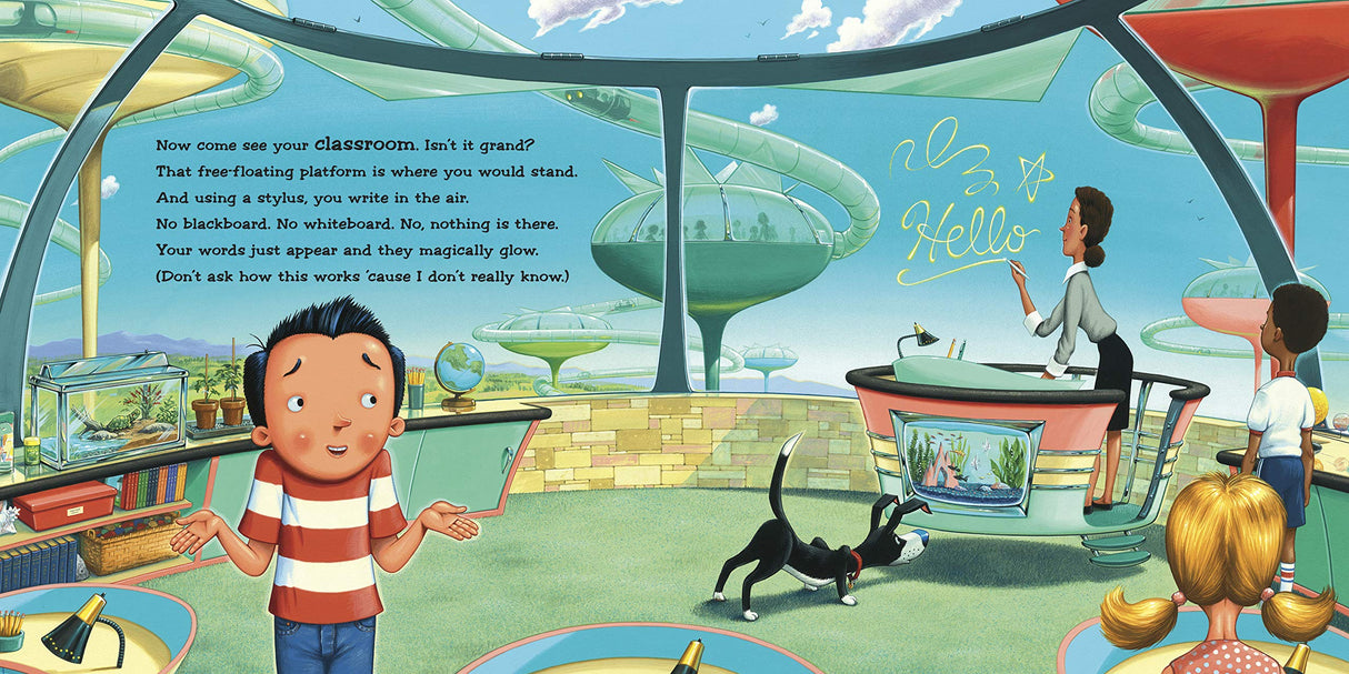 Illustration from If I Built a School showing a futuristic classroom with floating desks and digital displays.