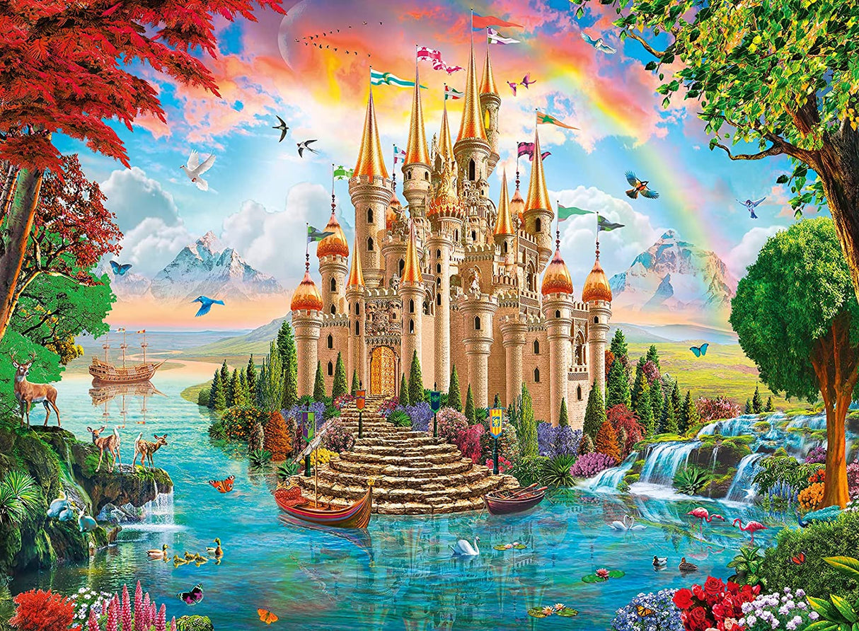 Colorful fairy tale castle with rainbow sky and river surrounded by flowers in the 100pc Rainbow Castle Puzzle.