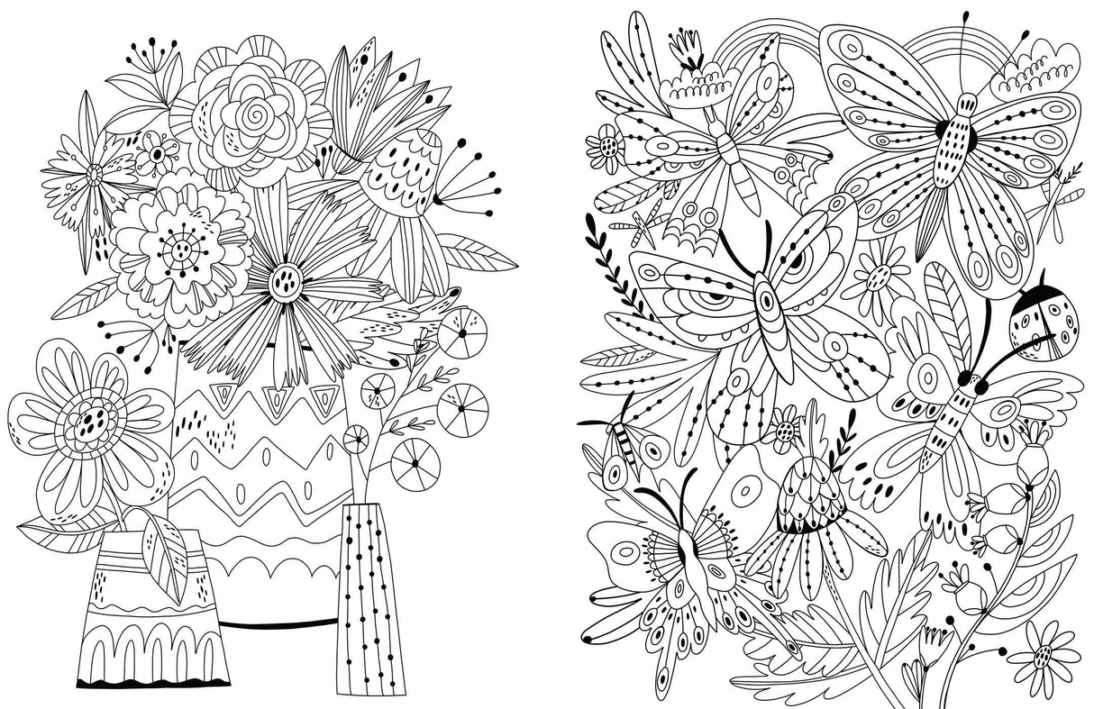 Calming Coloring For Kids with detailed floral and butterfly scenes designed for mindfulness and creative expression.