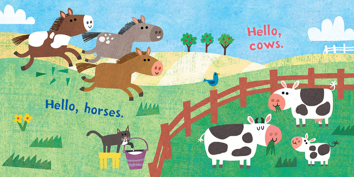 Indestructibles: Hello, Farm! shows playful horses galloping and friendly cows grazing in a bright farm scene.