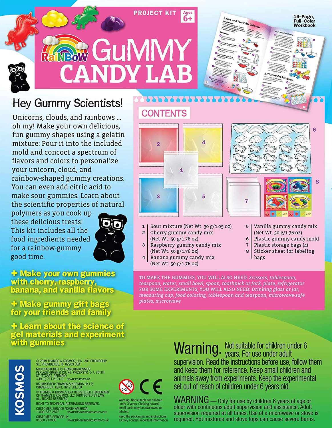 Rainbow Gummy Lab kit with unicorn, cloud, and rainbow gummy molds and colorful candy ingredients for making fun gummies.