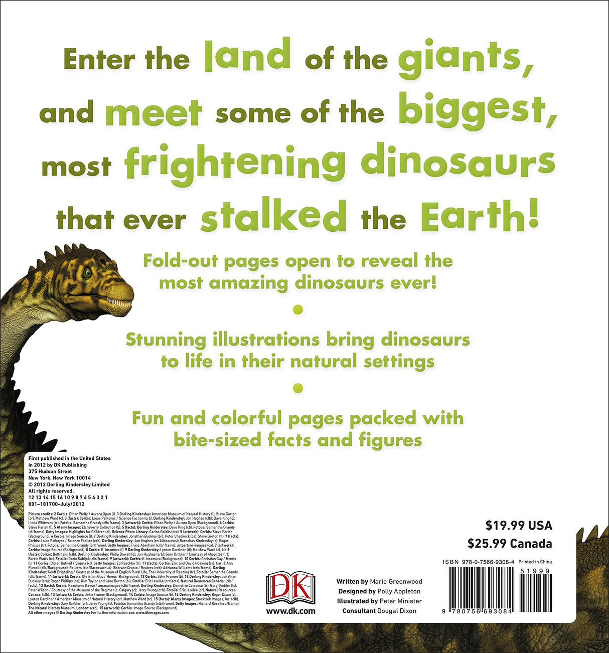 Back cover of Amazing Giant Dinosaurs showing colorful text with dinosaur illustration and book details.