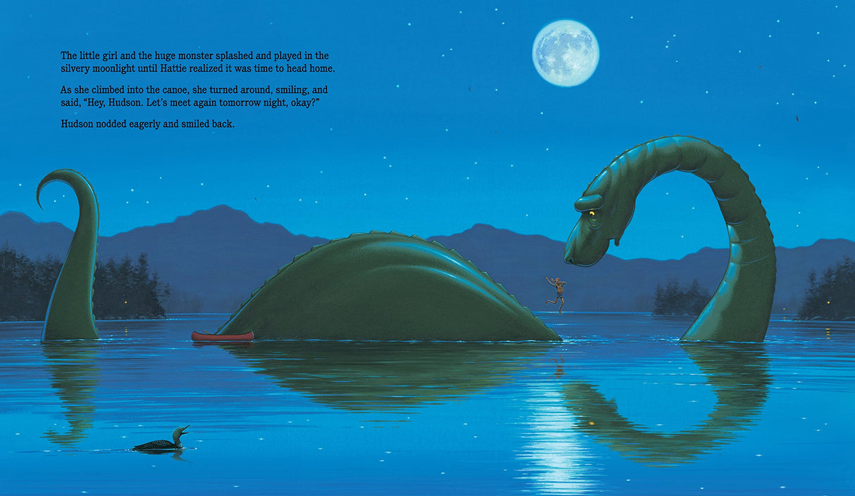 Hattie and Hudson showing a girl meeting a friendly lake monster under the moonlit sky by Chris Van Dusen.