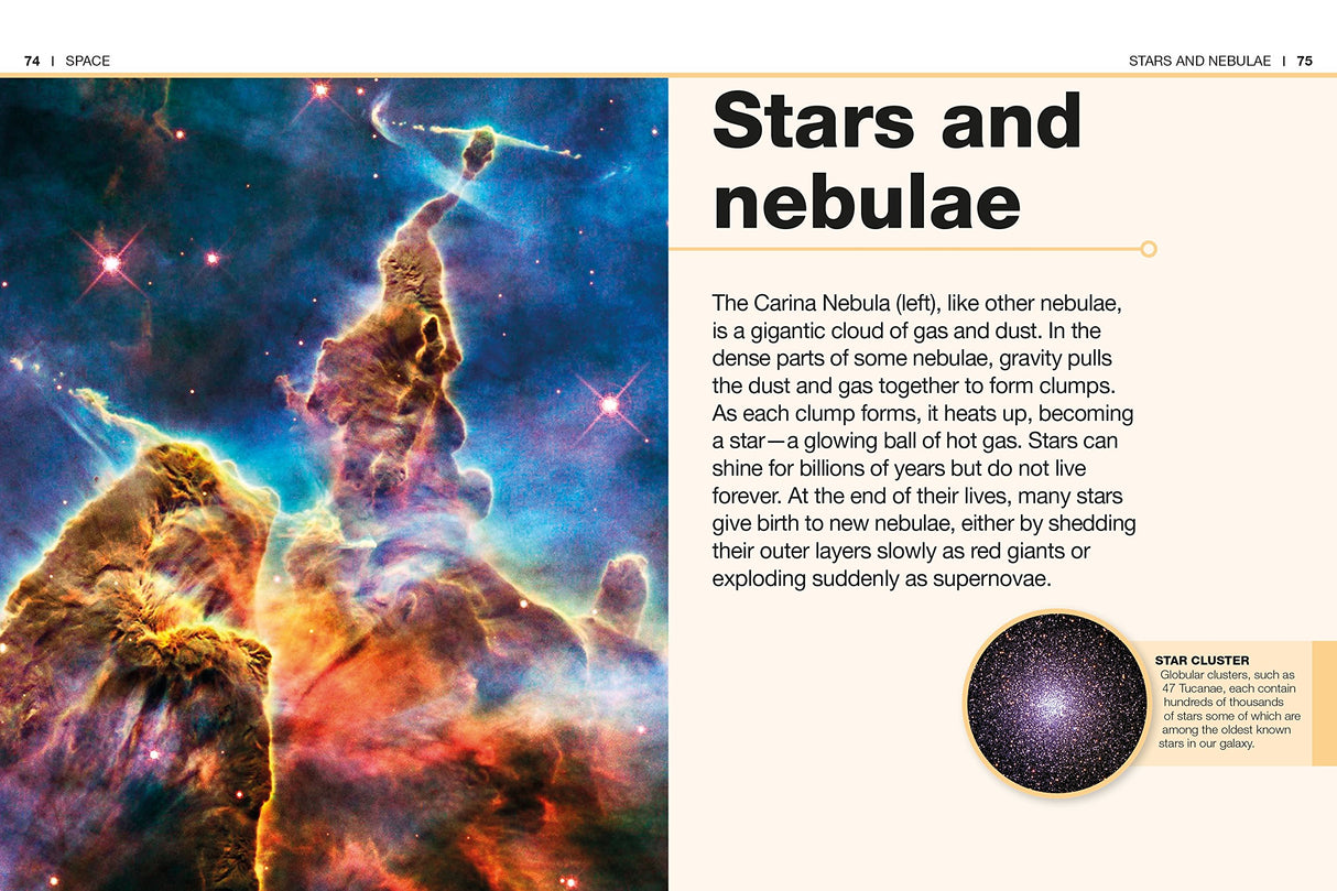 Pocket Genius Space showing vibrant images and facts about stars, nebulae, and space phenomena for young readers.