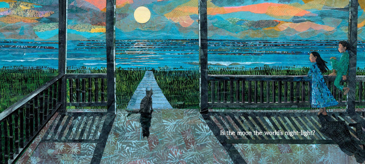 Wonder Walkers book illustration shows children exploring nature under a bright moon on a boardwalk by the water.