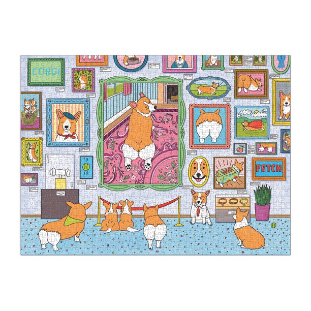 1000pc Museum of the Corgi Puzzle showing colorful corgi illustrations displayed in a museum setting with playful details.