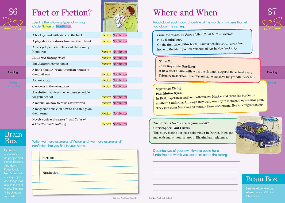 Brain Quest Workbook Grade 4 open pages showing fun fact or fiction activities and reading comprehension exercises with colorful illustrations.