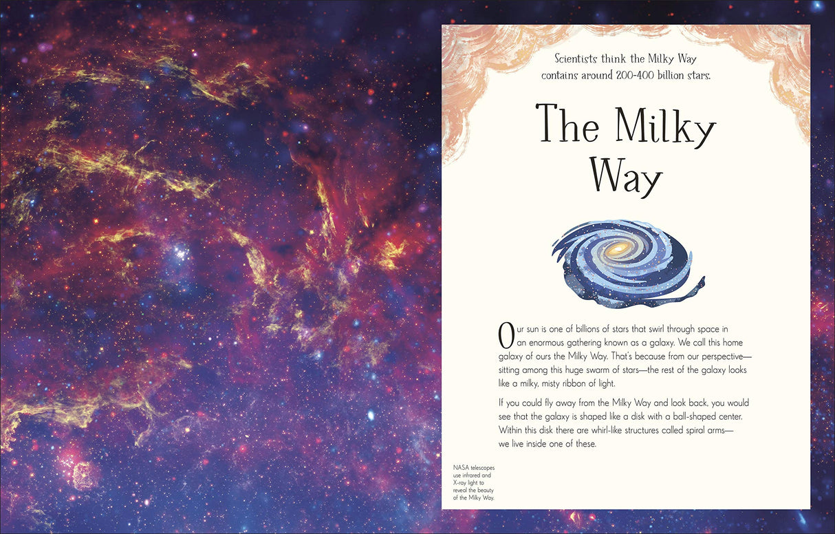 Page from Mysteries of the Universe showing detailed Milky Way galaxy illustration and scientific facts about stars and space.