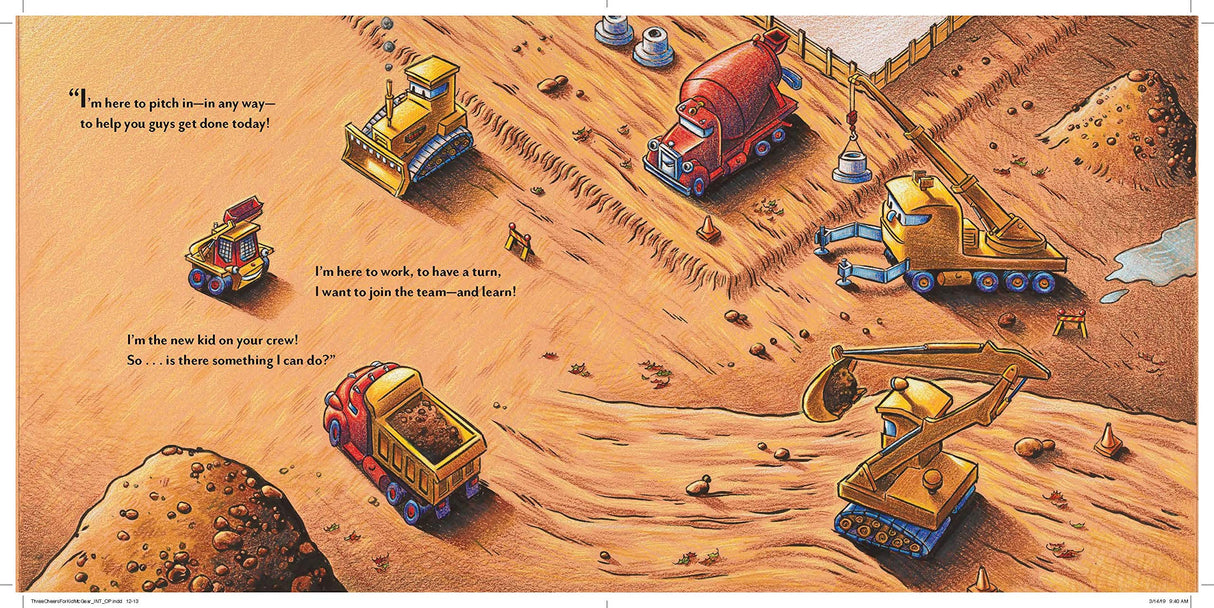 Illustration of construction trucks working together on a site in the book Three Cheers for Kid McGear!