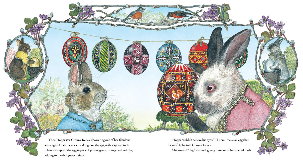 The Easter Egg showing Hoppi the bunny decorating colorful, detailed Easter eggs with nature and rabbits in a floral frame.