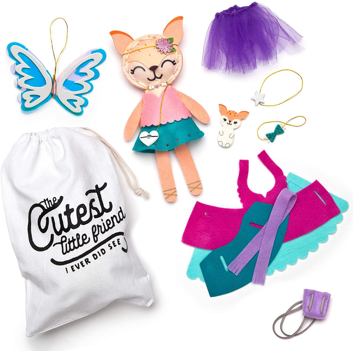 Make A Fox Friend craft kit with fox stuffie, clothes, fairy wings, accessories, and travel tote for kids to sew and stuff.