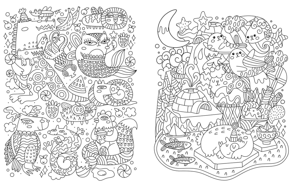 Dream Coloring For Kids featuring two detailed black and white whimsical scenes for children to color and relax.