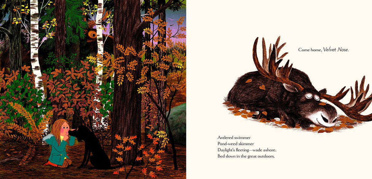 Woodland Dreams shows a child and black dog in autumn woods beside an illustrated moose resting for bedtime.