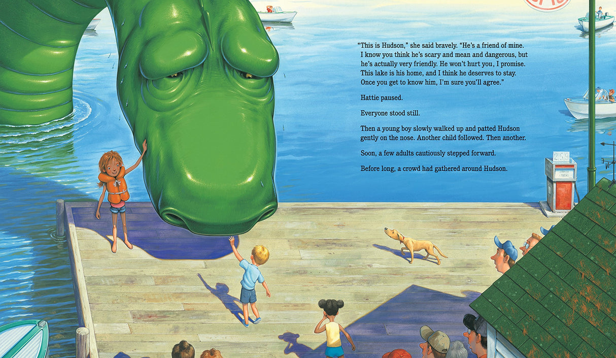 Illustration from Hattie and Hudson showing a girl befriending a friendly green lake monster on a wooden dock.