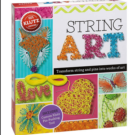 String Art kit with colorful string projects including heart, butterfly, flower, and custom pin-pushing tool for creative crafts.