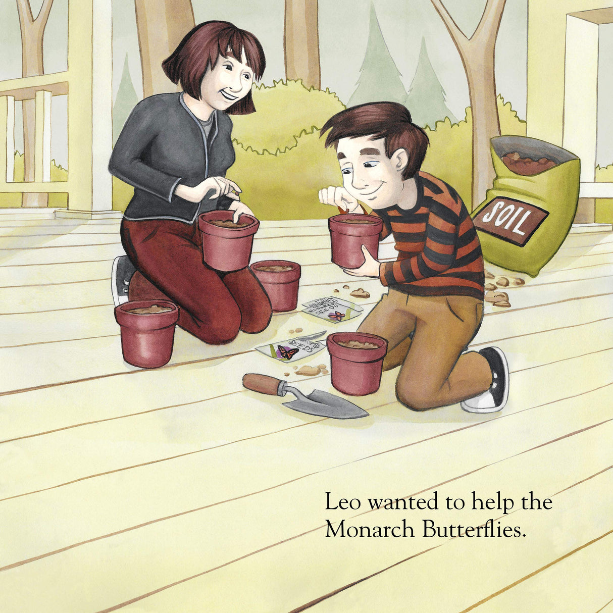 A boy and girl planting seeds to help Monarch Butterflies in "A Monarch Butterfly Story" board book illustration.