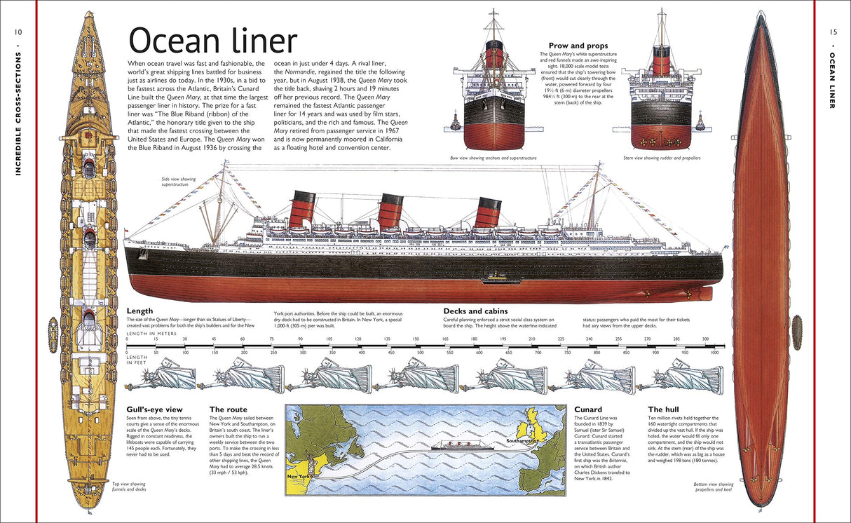 Stephen Biesty's Incredible Cross-Sections showing detailed cutaway of an ocean liner with decks, cabins, and structural views.