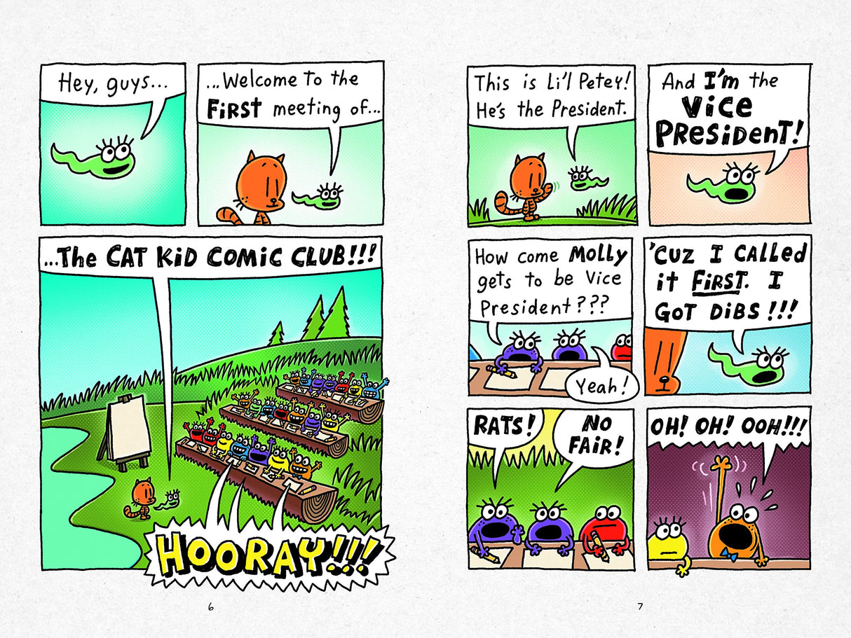 Illustrated comic page from Cat Kid Comic Club #1 showing Li'l Petey and friends in colorful comic meeting scenes.