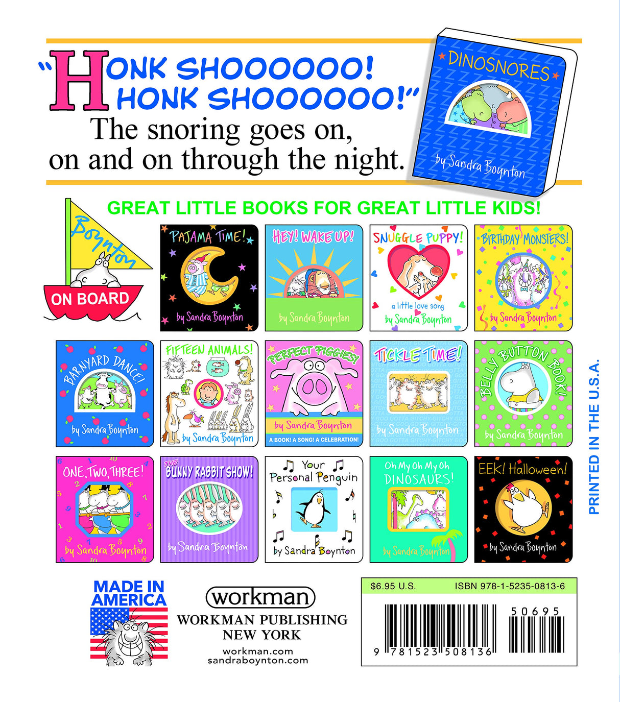 Back cover of Dinosnores showing colorful Sandra Boynton board books for children ages 0-4 with dinosaurs and bedtime themes.