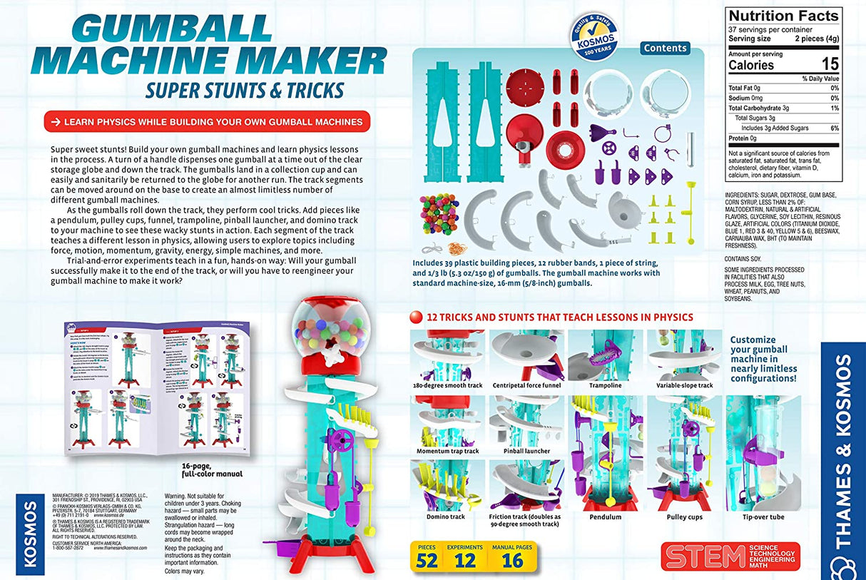 Gumball Machine Maker with clear globe, colorful track segments, and fun physics stunts for kids ages 6-12.
