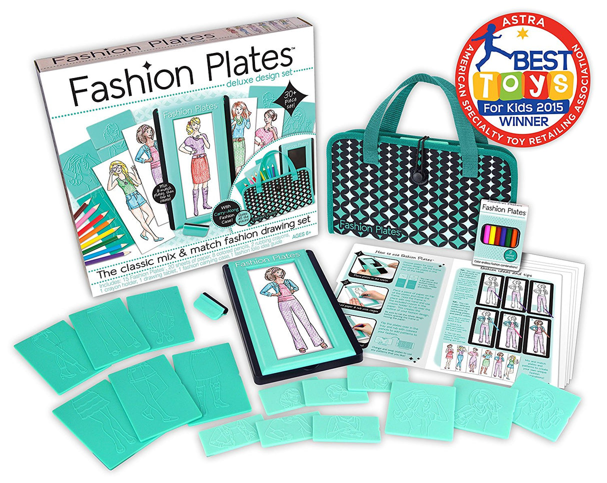 Fashion Plates deluxe design set with drawing tablet, colored pencils, rubbing crayon, and carry-along portfolio case.