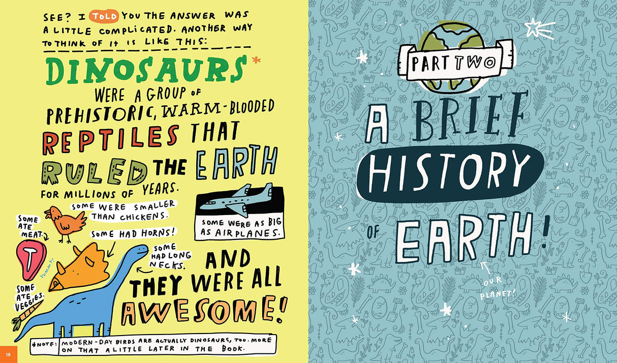 Everything Awesome About Dinosaurs book page with colorful dinosaur facts and a brief history of Earth title in comic style.