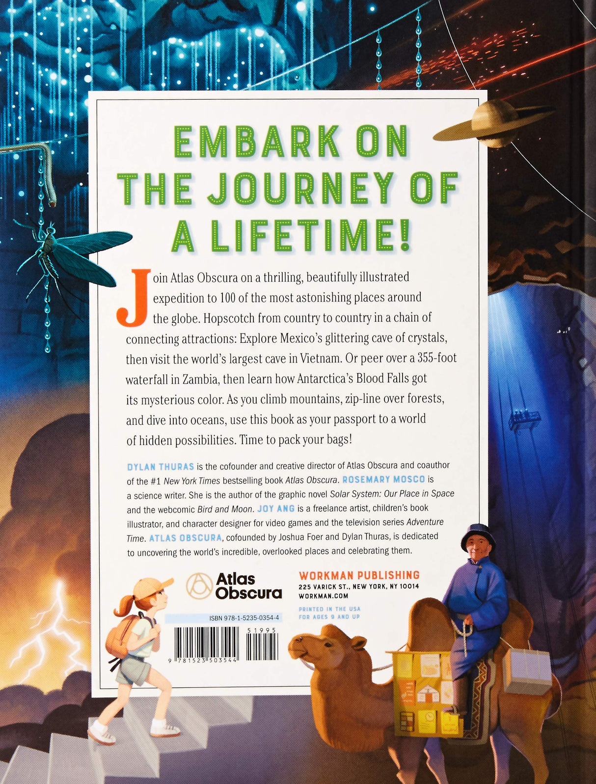 Atlas Obscura Explorer's Guide for the World's Most Adventurous Kid book back cover with colorful adventure illustrations.