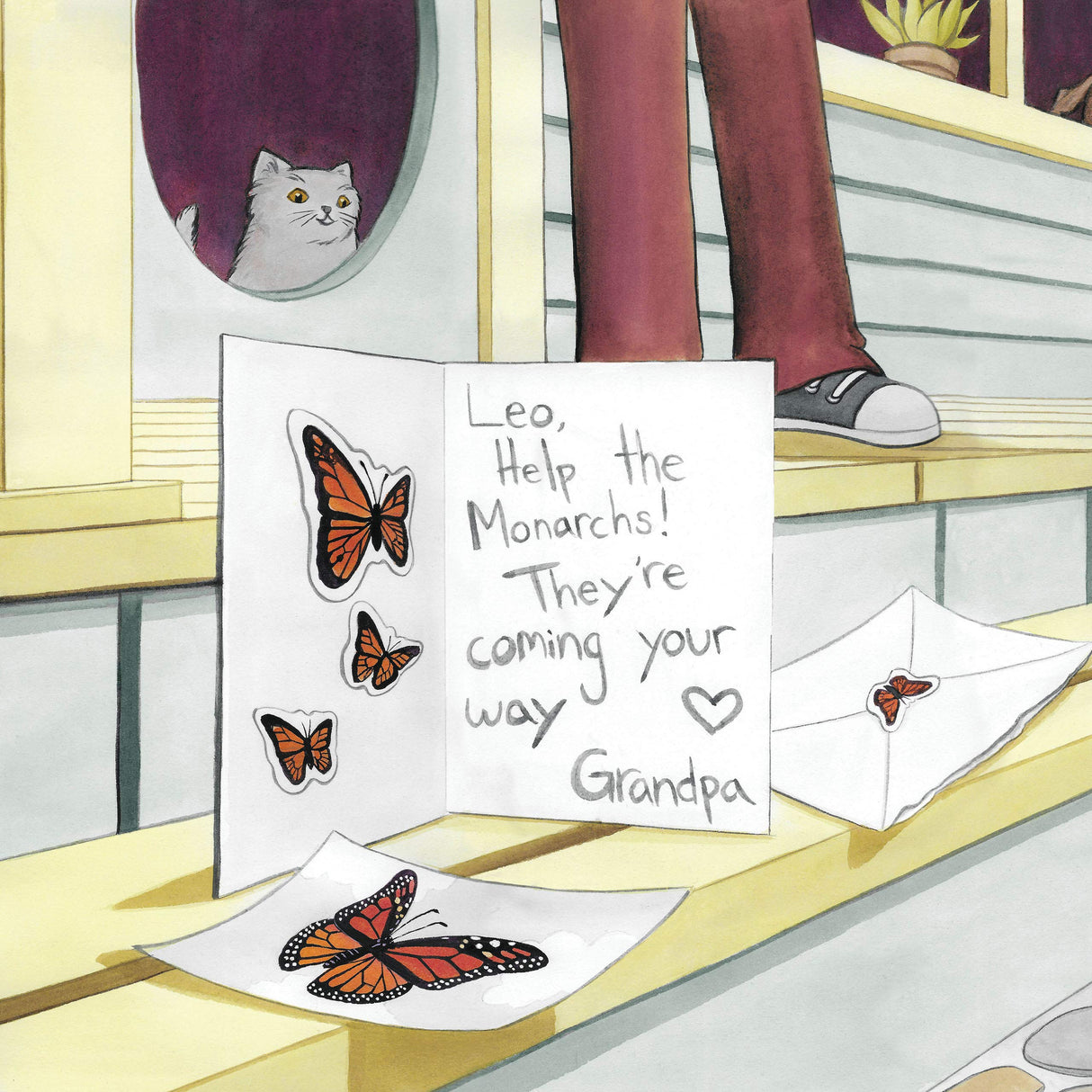 A handwritten card and butterfly drawings invite help for Monarchs in "A Monarch Butterfly Story" children's book illustration.