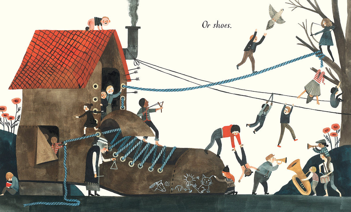 Home book illustration showing a large shoe turned into a house with children playing and climbing ropes.