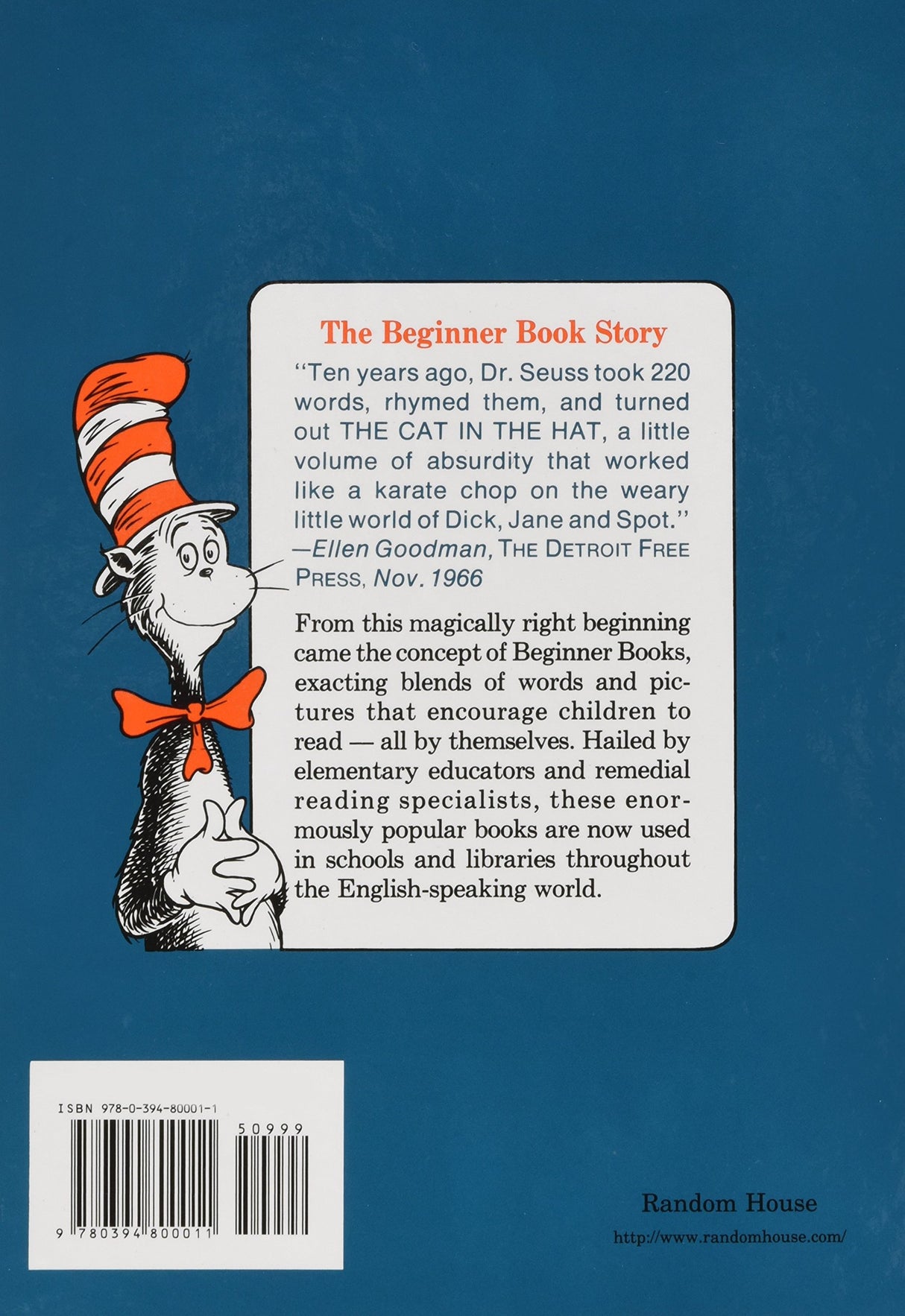 Back cover of The Cat in the Hat showing text about the book's impact and a sketch of the Cat in the Hat.