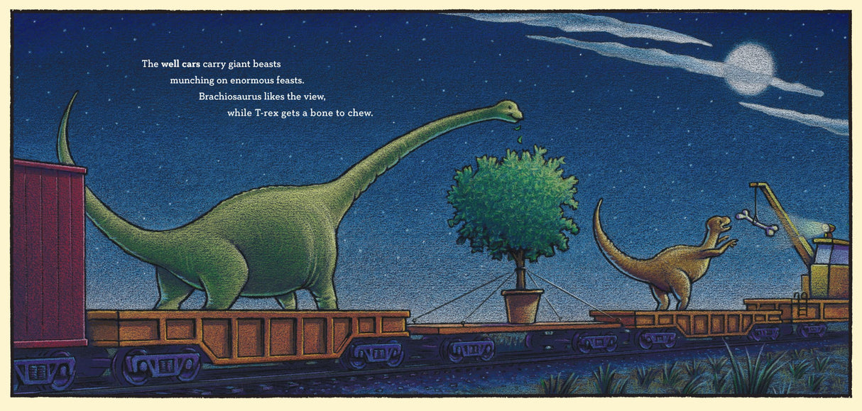 Steam Train, Dream Train illustration of dinosaurs riding flatbed train cars at night under a full moon.