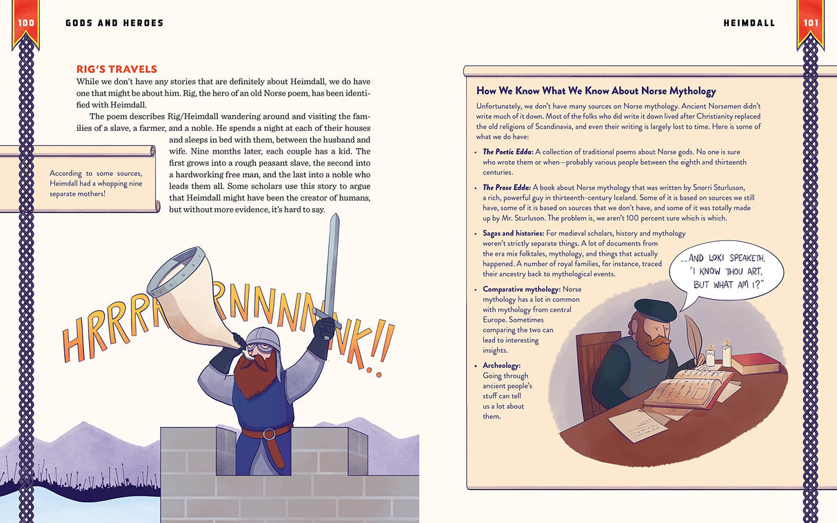 Gods and Heroes: Mythology Around the World showing illustrated pages of Norse mythology with Heimdall and detailed text.