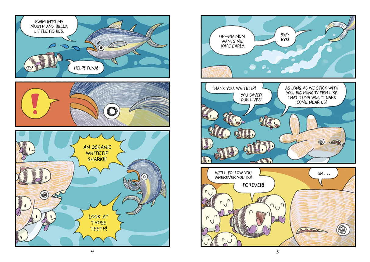 Surviving the Wild: Sunny the Shark graphic novel showing oceanic whitetip shark and pilot fish underwater scenes.