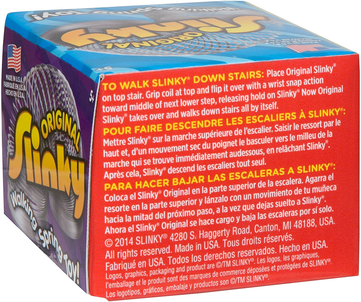 Slinky Original metal spring toy in its colorful box showing instructions to walk down stairs with classic design and 75 years of fun.