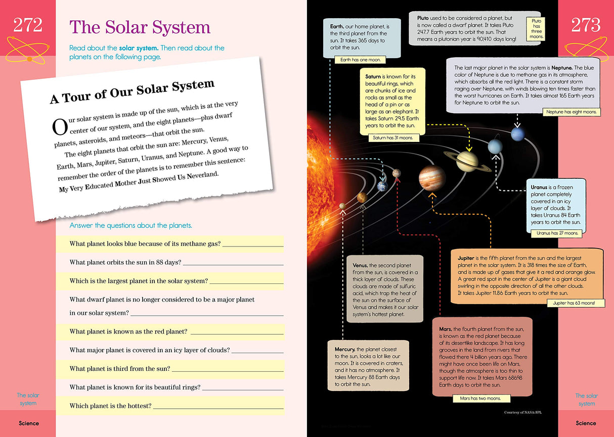 Brain Quest Workbook Grade 4 pages showing a solar system activity with questions and colorful space illustrations.
