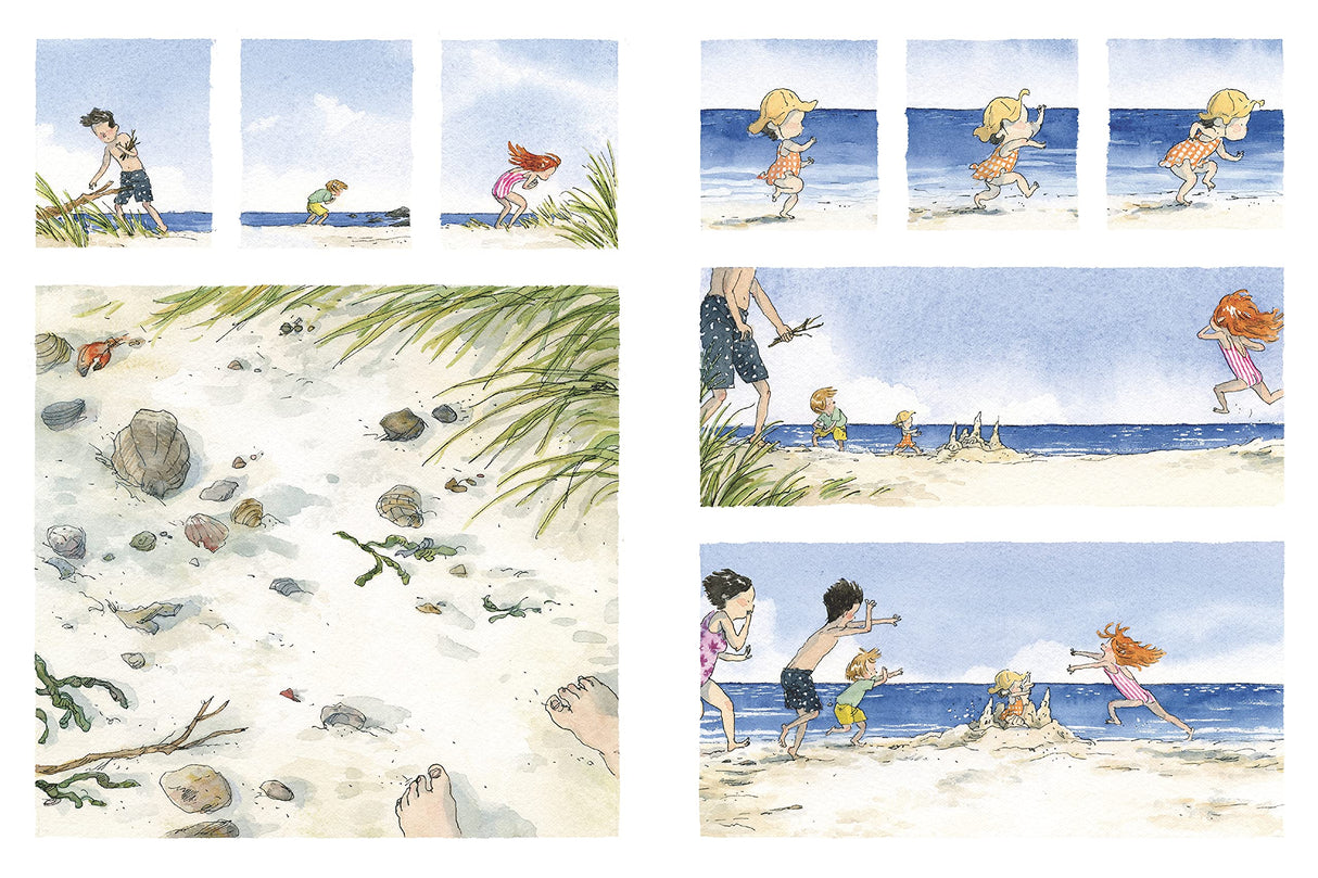 A Day for Sandcastles shows children playing and building sandcastles on a sunny beach in a wordless picture book.