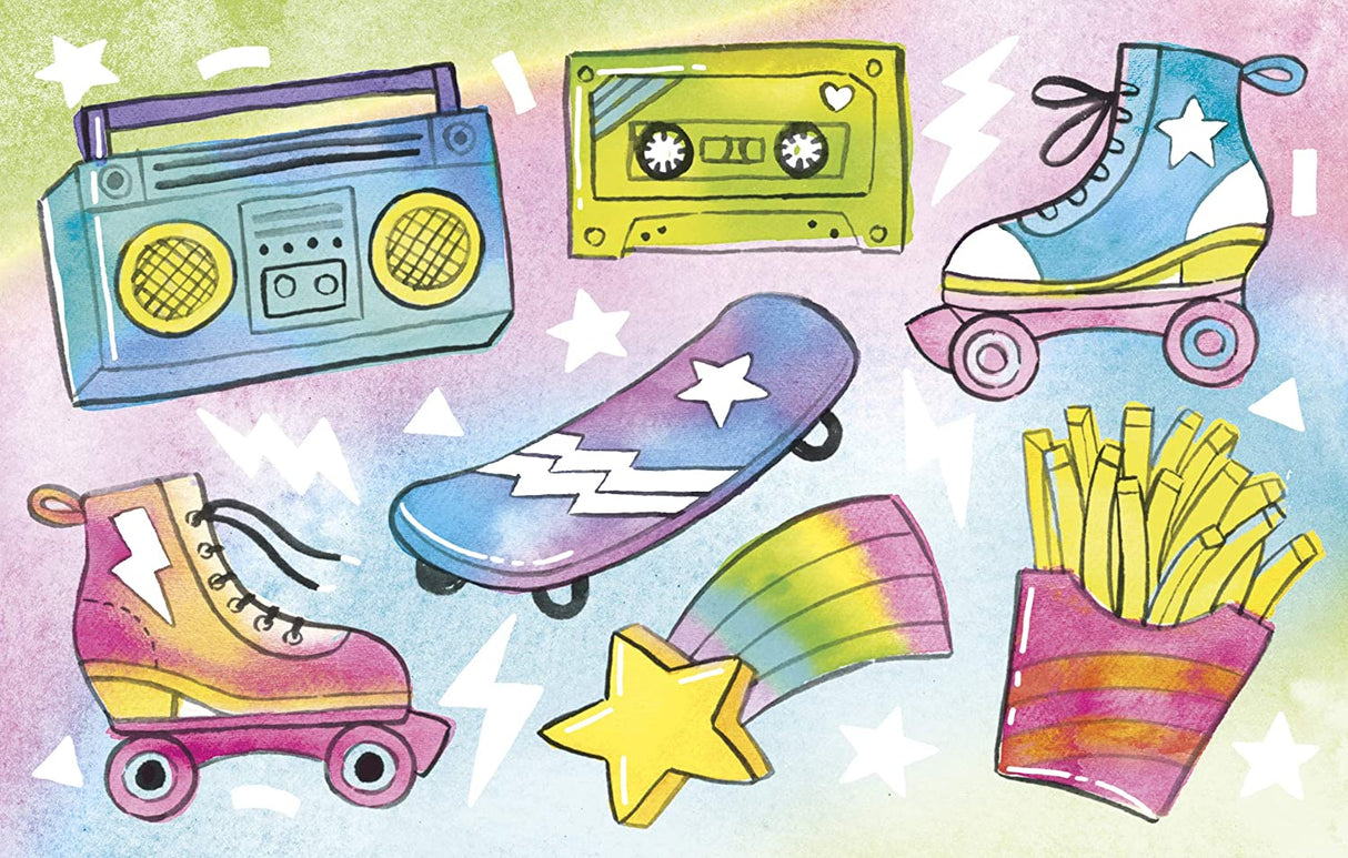 Watercolor Wonders artwork featuring retro roller skates, skateboard, cassette tape, boombox, rainbow star, and fries.