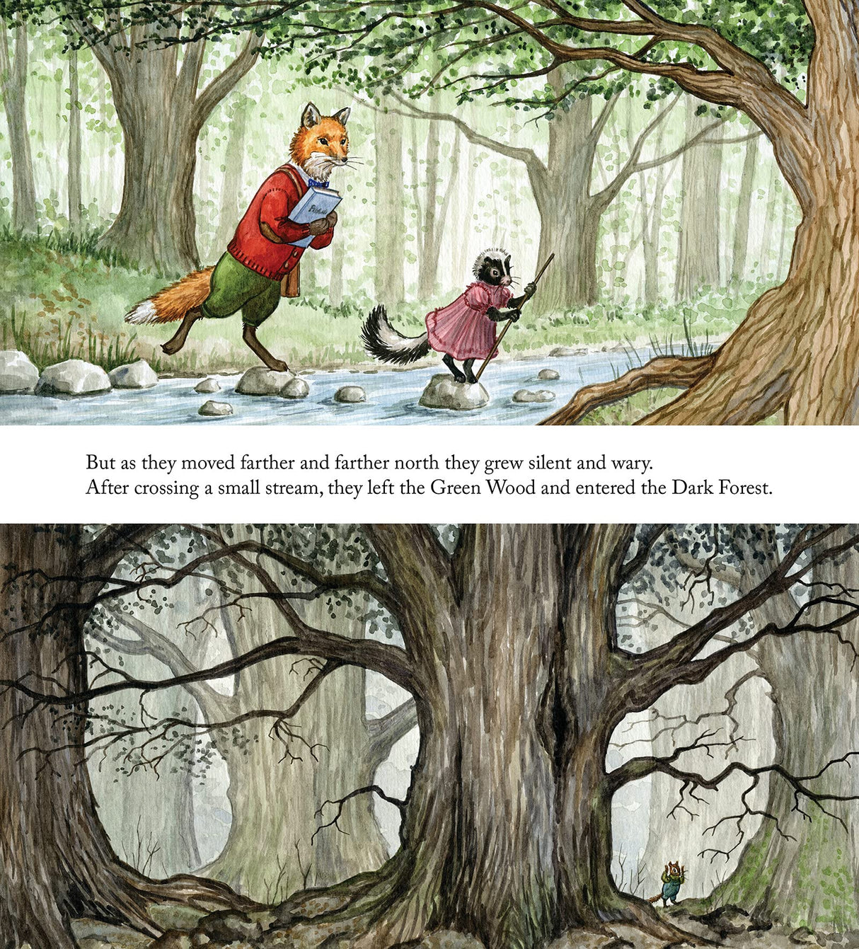 Illustration from Hector Fox and the Giant Quest showing woodland friends crossing a stream from Green Wood to the Dark Forest.