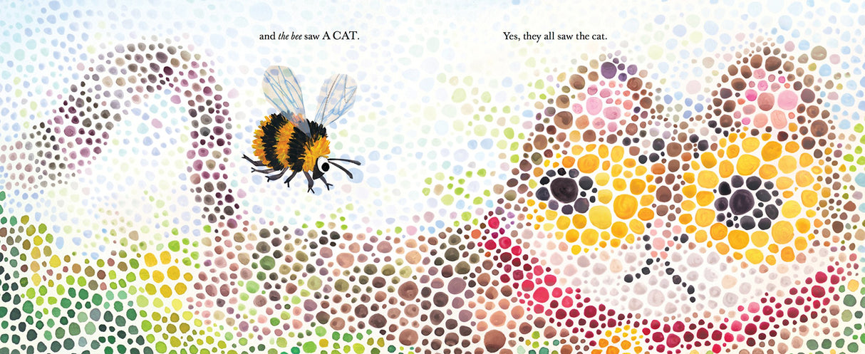 Illustration from They All Saw a Cat showing a colorful cat and a bee with a dotted artistic style.