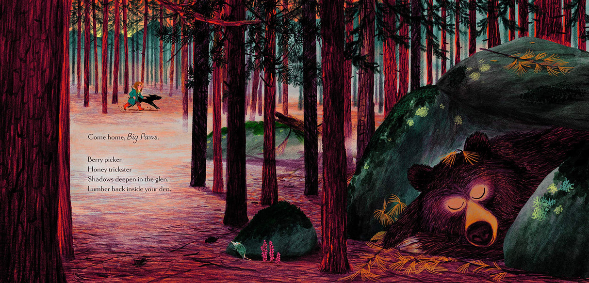 Woodland Dreams shows a cozy bear sleeping peacefully in a colorful forest at dusk, perfect for bedtime reading.