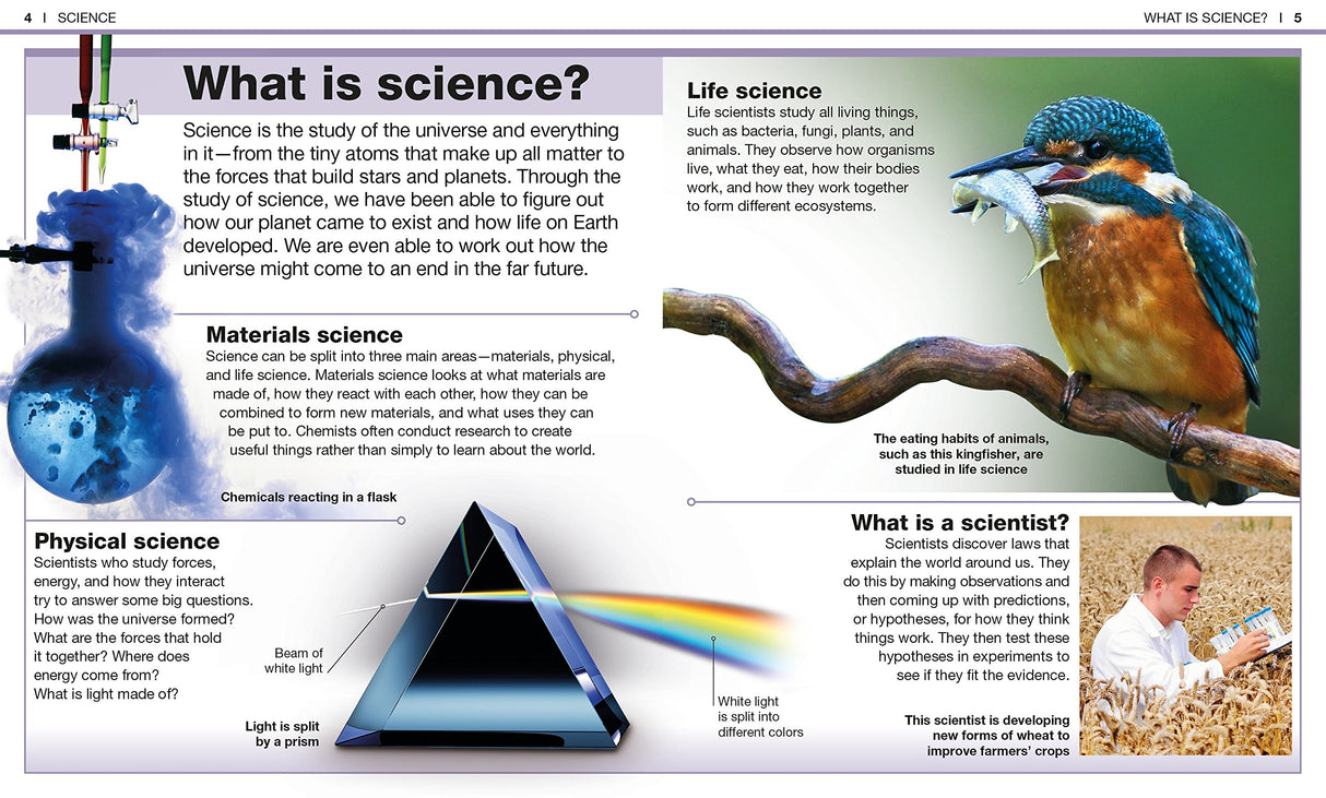 Pocket Genius Science book page explaining basic science concepts with images of a kingfisher and a prism diagram.
