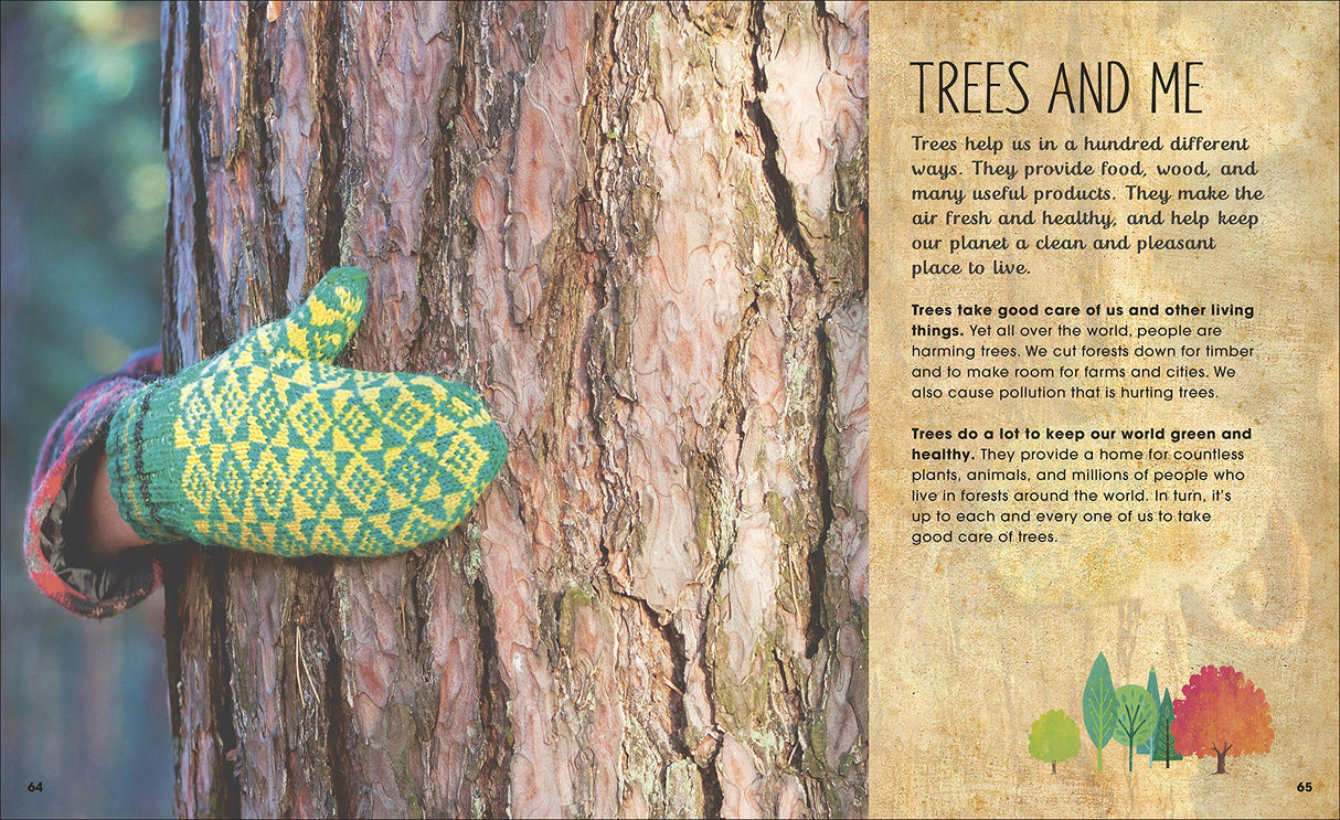 Magic and Mystery of Trees showing a colorful bird woven on tree bark with nature and forest care text.